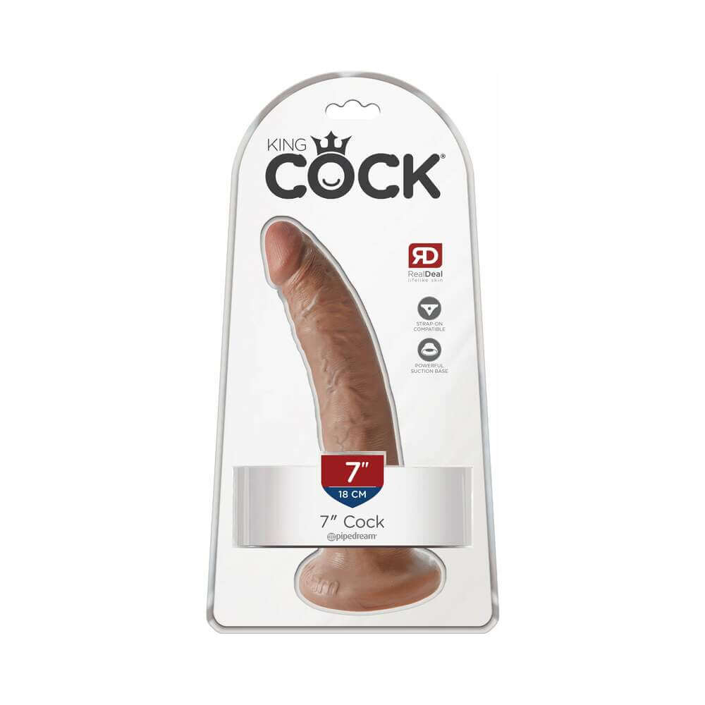 King Cock 7 inches Realistic Dildo With Suction Cup Tan packaging showing realistic design and features.
