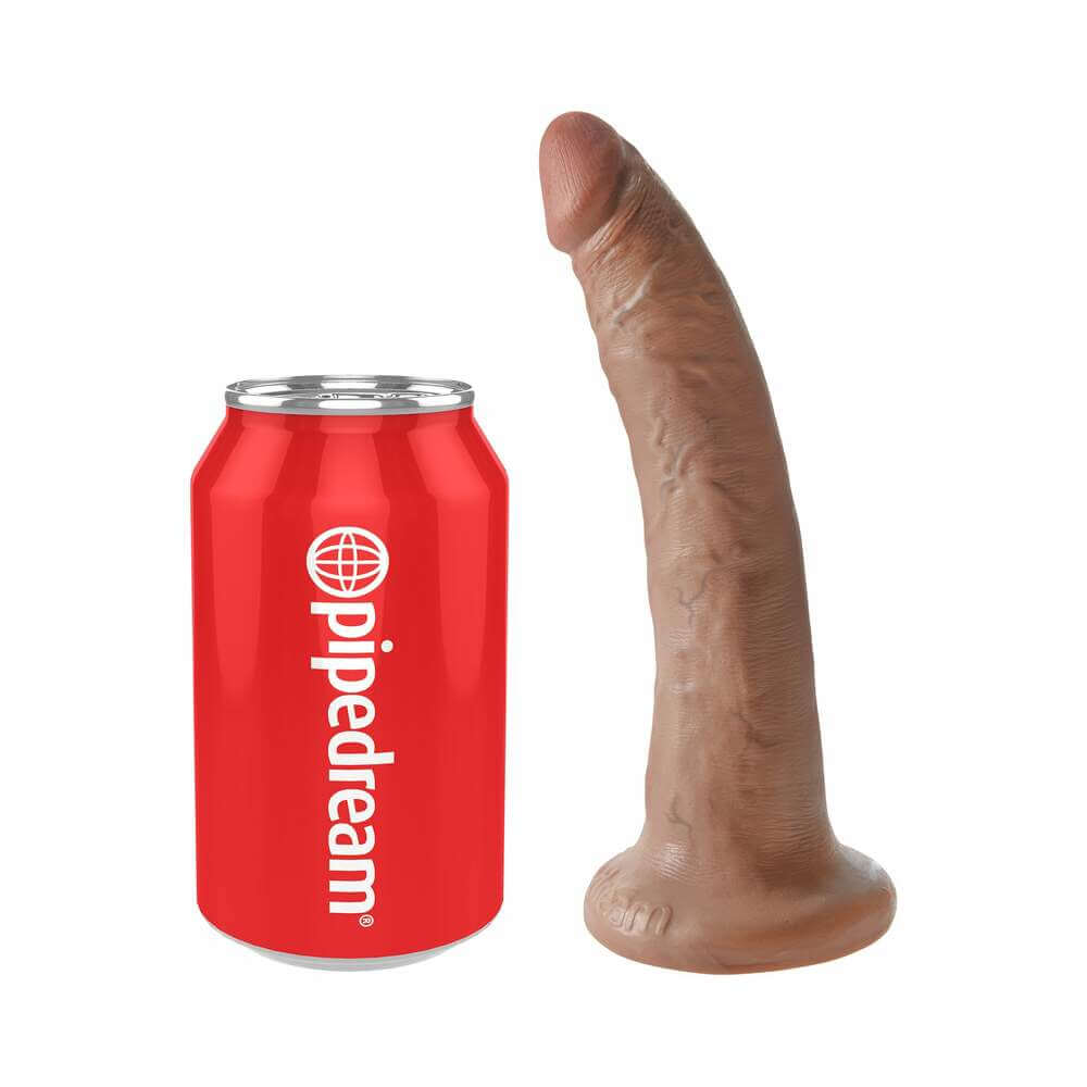 King Cock 7 inches Realistic Dildo With Suction Cup Tan next to a soda can for size comparison.