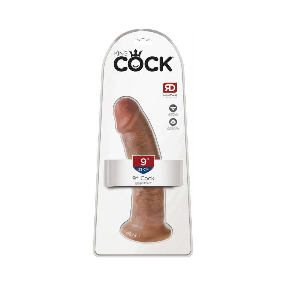 King Cock 9 inches Realistic Dildo With Suction Cup Tan displayed in packaging with detailed craftsmanship.