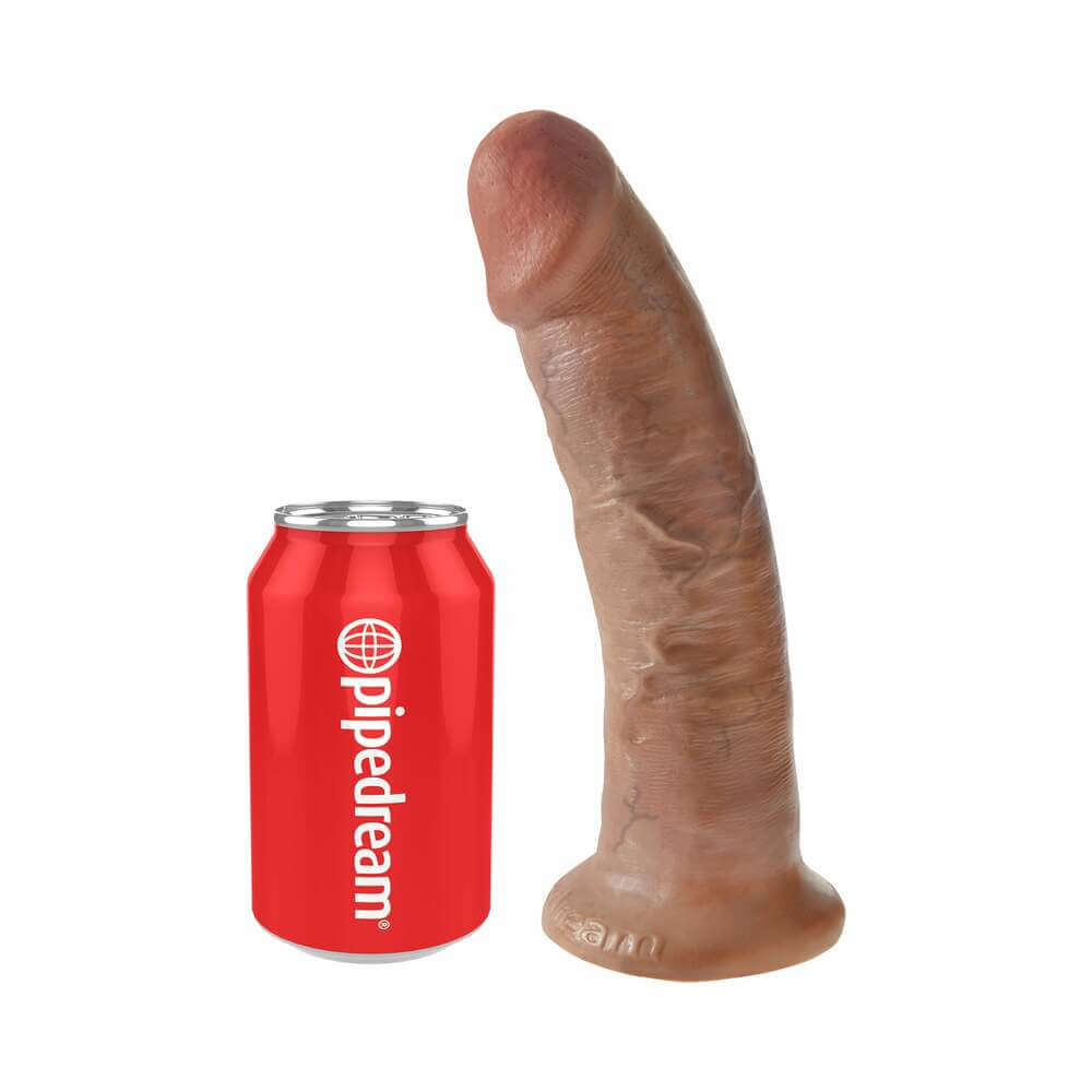 King Cock 9 inches Realistic Dildo With Suction Cup Tan next to a soda can for size comparison.