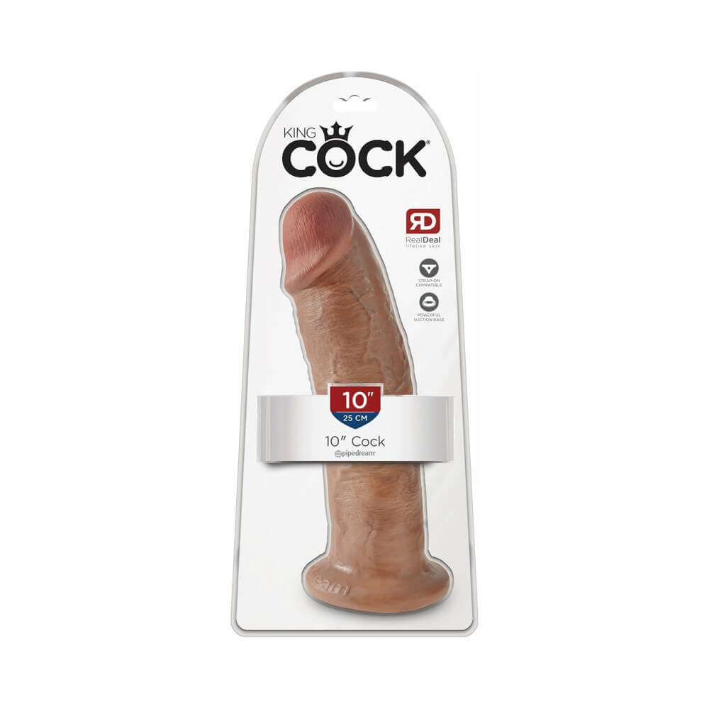 King Cock 10 inch Cock Realistic Dildo With Suction Cup Tan in packaging showcasing its lifelike design.