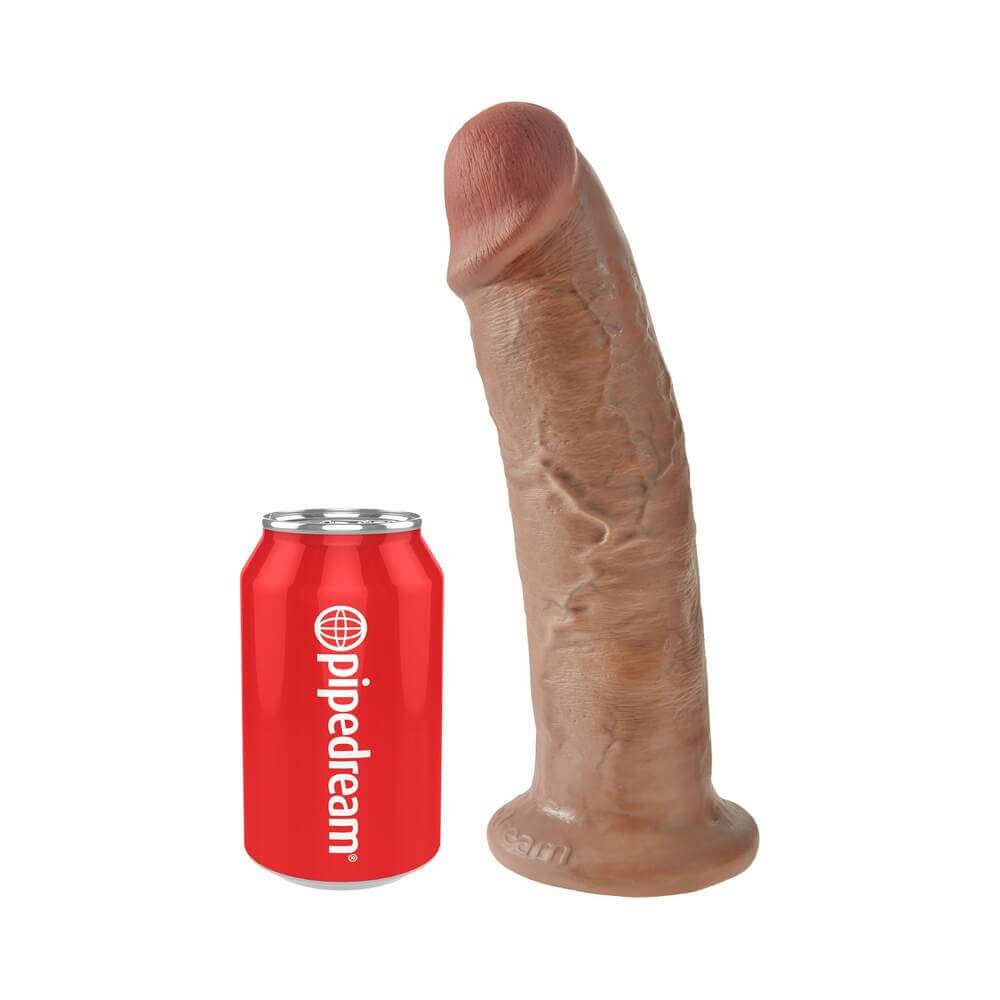 King Cock 10 inch Cock Realistic Dildo With Suction Cup Tan next to a soda can for size comparison.