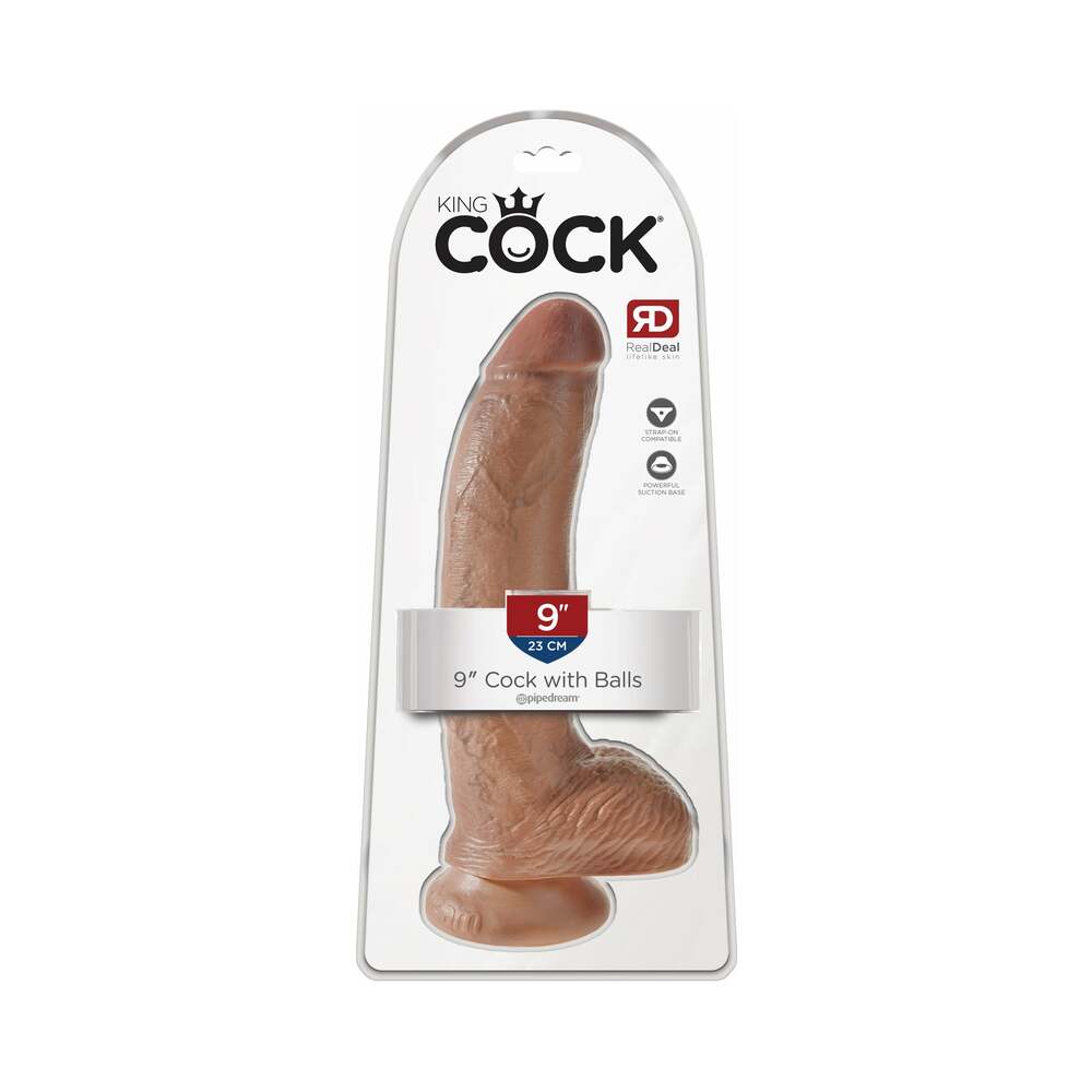 King Cock 9 inches Cock With Balls Realistic Suction Cup Dildo Tan
