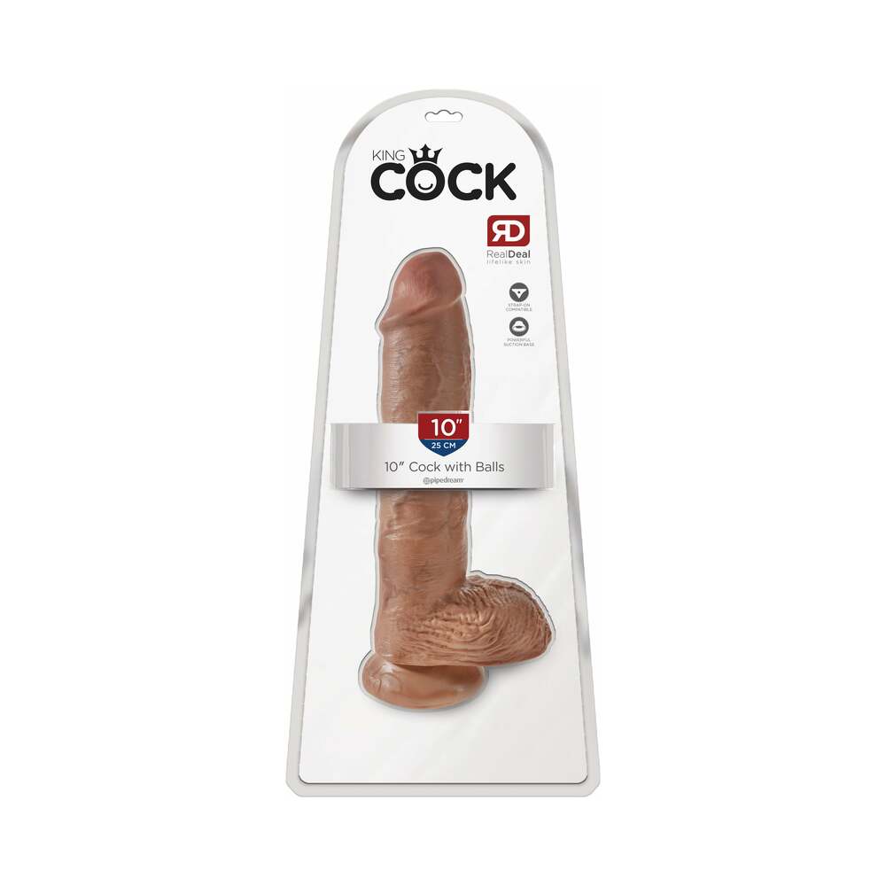 King Cock 10 inches Cock With Balls Realistic Suction Cup Dildo Tan