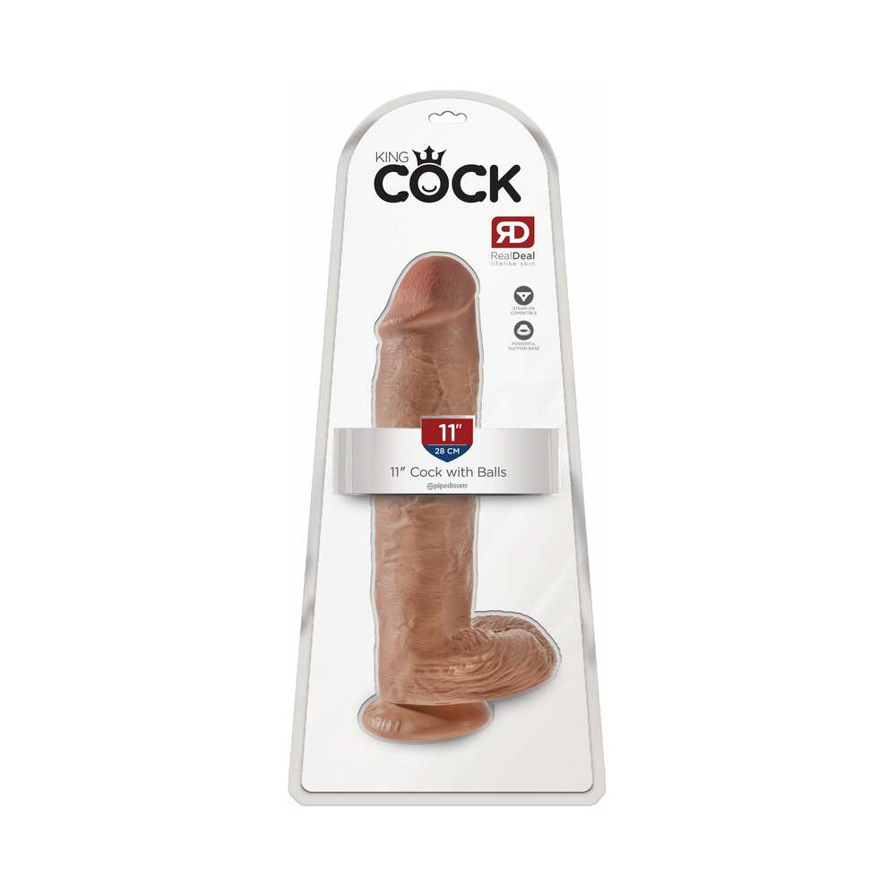 King Cock 11 inches Cock With Balls Realistic Suction Cup Dildo Tan