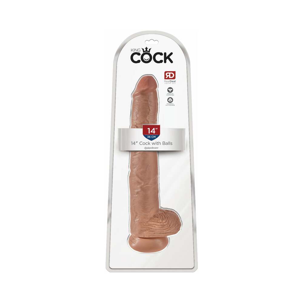 King Cock 14 inches Cock With Balls Realistic Suction Cup Dildo Tan