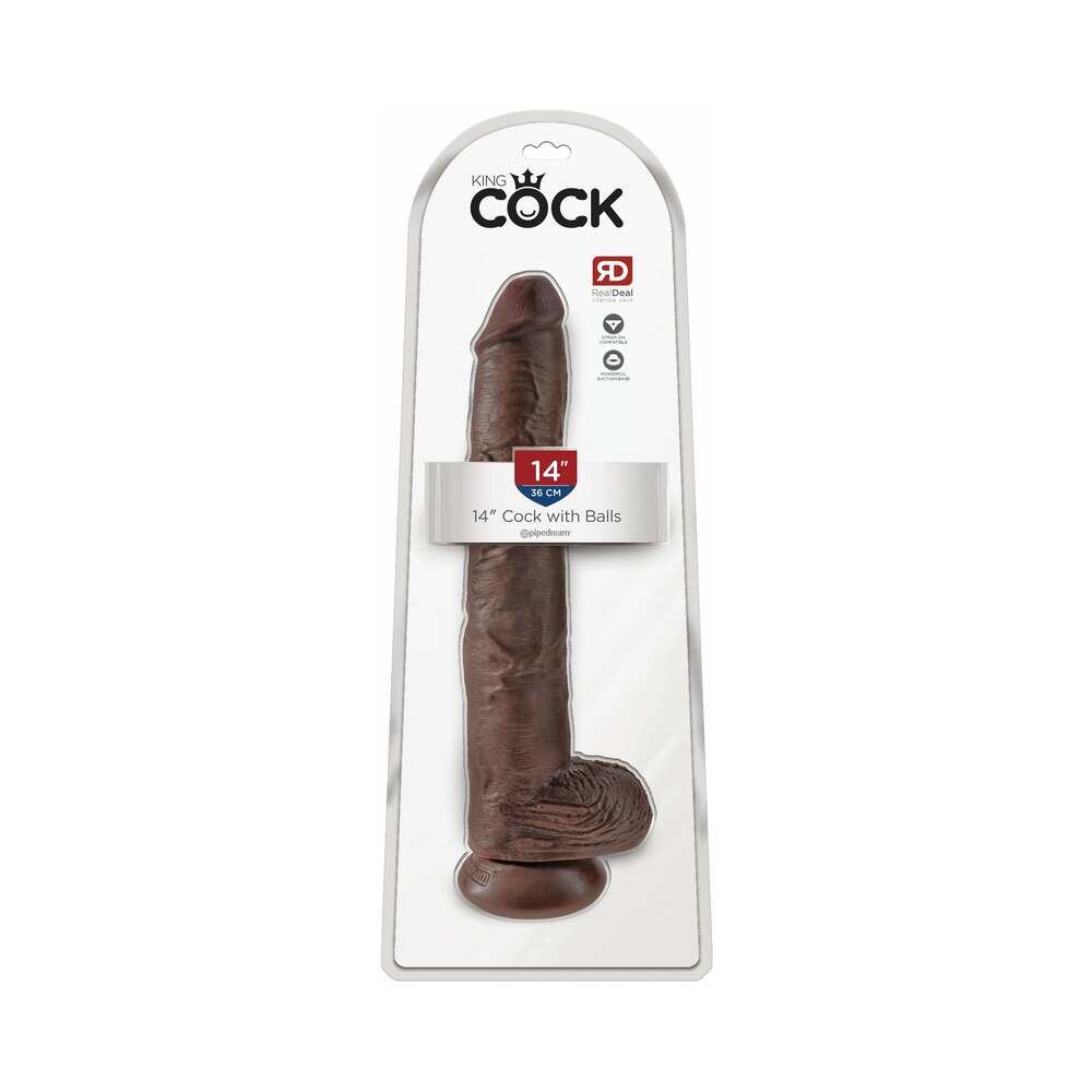 King Cock 14 inches Cock With Balls Realistic Suction Cup Dildo Brown