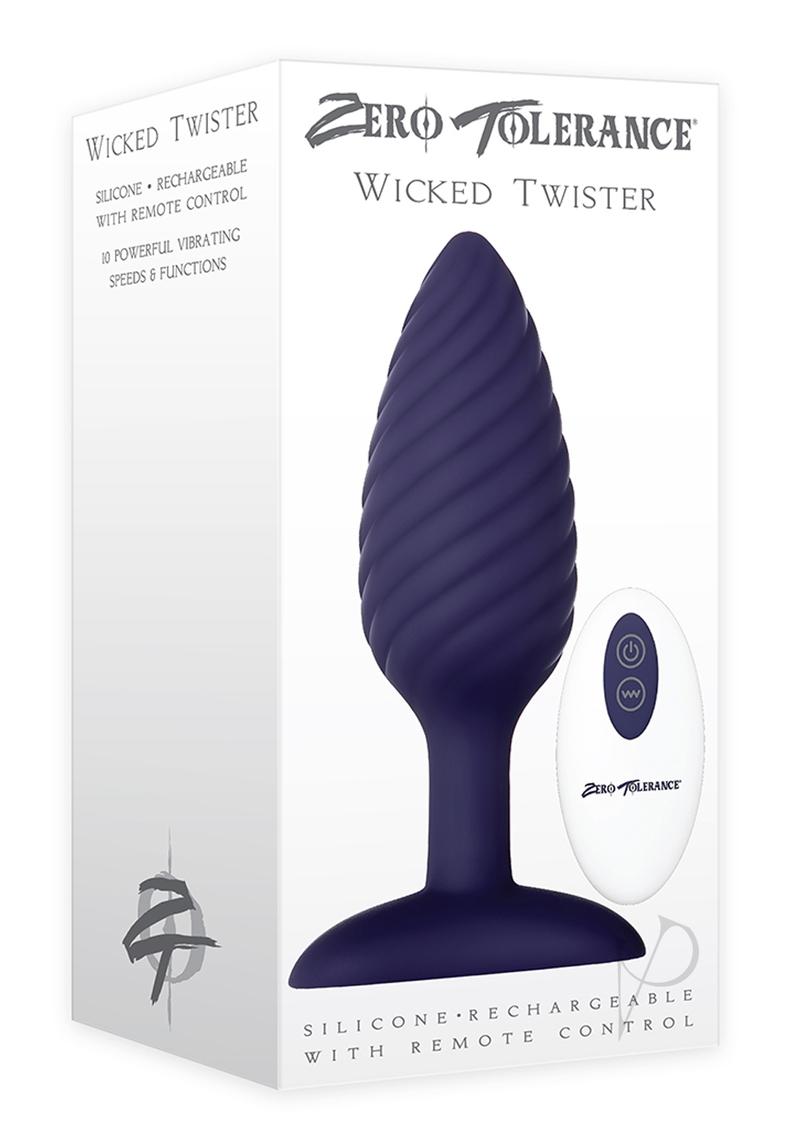 Zero Tolerance Wicked Twister Vibrating Butt Plug Purple packaging with remote control.