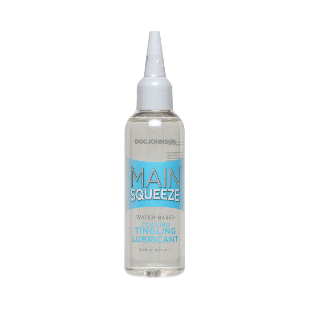 Main Squeeze Cooling Tingling Lubricant 3.4 Oz bottle with a water-based formula for enhanced intimate experiences.