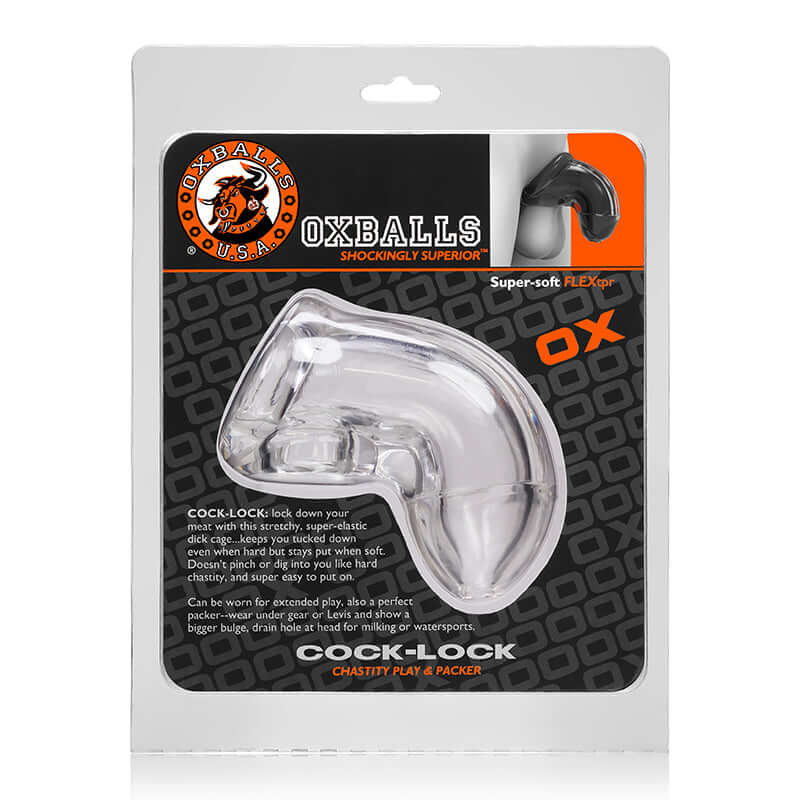 Oxballs Atomic Jock Cock-Lock Chastity Cage Clear in flexible packaging, showcasing its super-soft design.