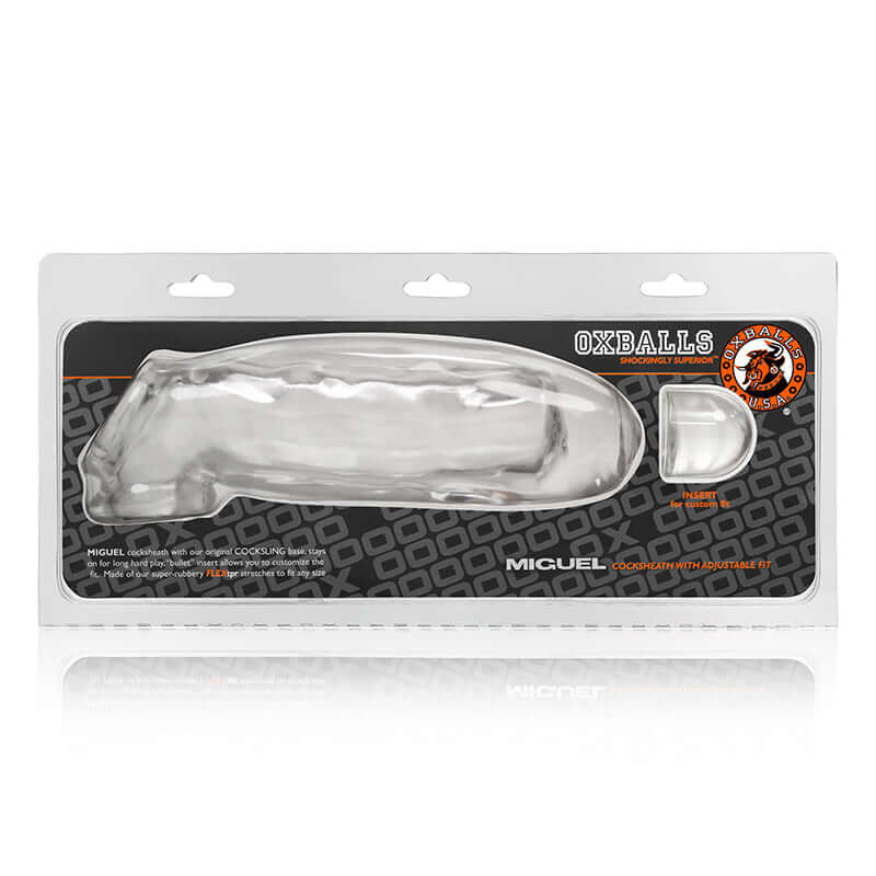 Oxballs Miguel Cock Sheath Penis Sleeve Clear packaging showcasing its design and features.