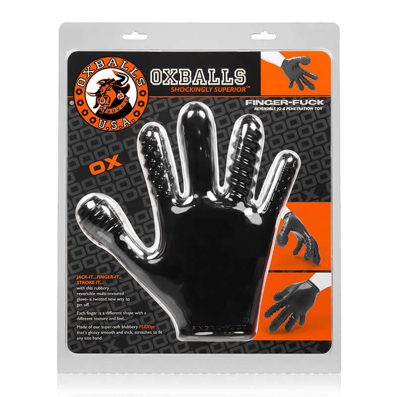 OxBalls Finger Fuck Glove Black packaging featuring tactile design for enhanced stimulation.