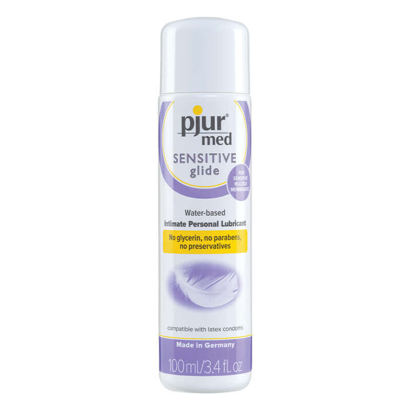 Pjur Med Sensitive Glide Water Based Lubricant 3.4 Oz bottle showing water-based formula for sensitive skin.