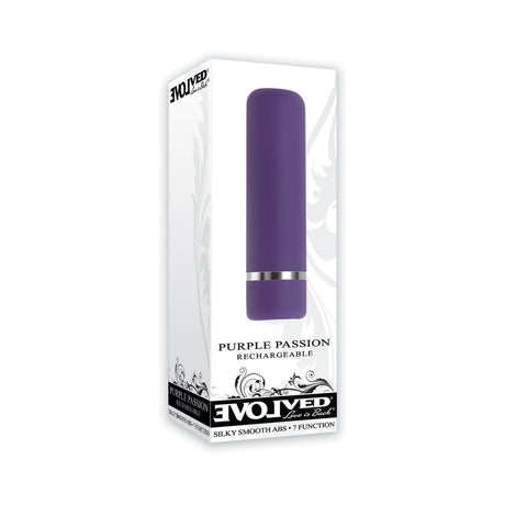 Evolved Purple Passion Rechargeable Petite Bullet Vibrator in packaging showcasing its silky smooth design.