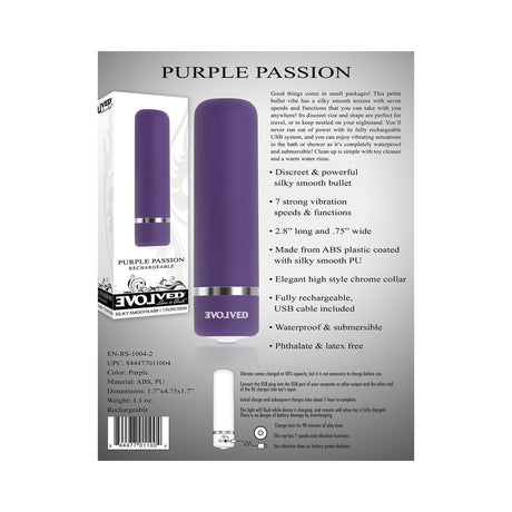 Evolved Purple Passion Rechargeable Petite Bullet Vibrator packaging showing features and specifications.