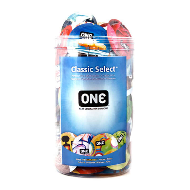 One Classic Select Universal Condoms Mix Bowl 100 Count in a colorful container showcasing various condom styles.