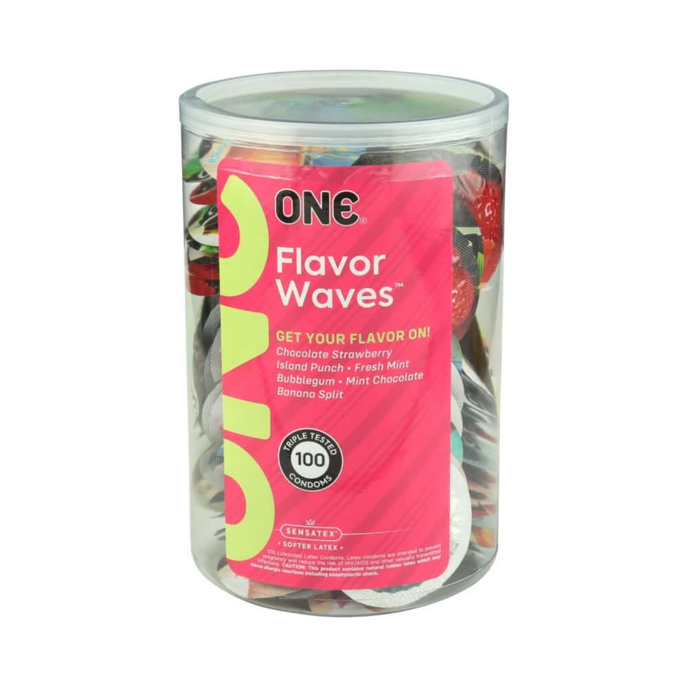One Flavor Waves Display Bowl 100 Condoms featuring a variety of flavored and scented condoms for safer sex.