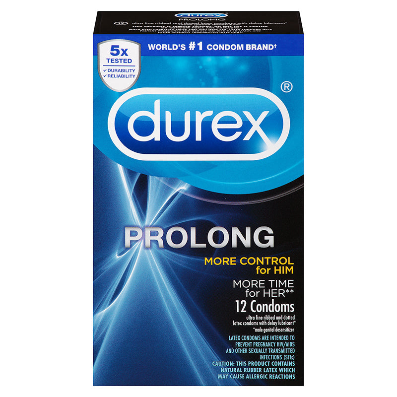 Durex Prolong Latex Condoms 12 Pack packaging with blue design and product benefits highlighted.