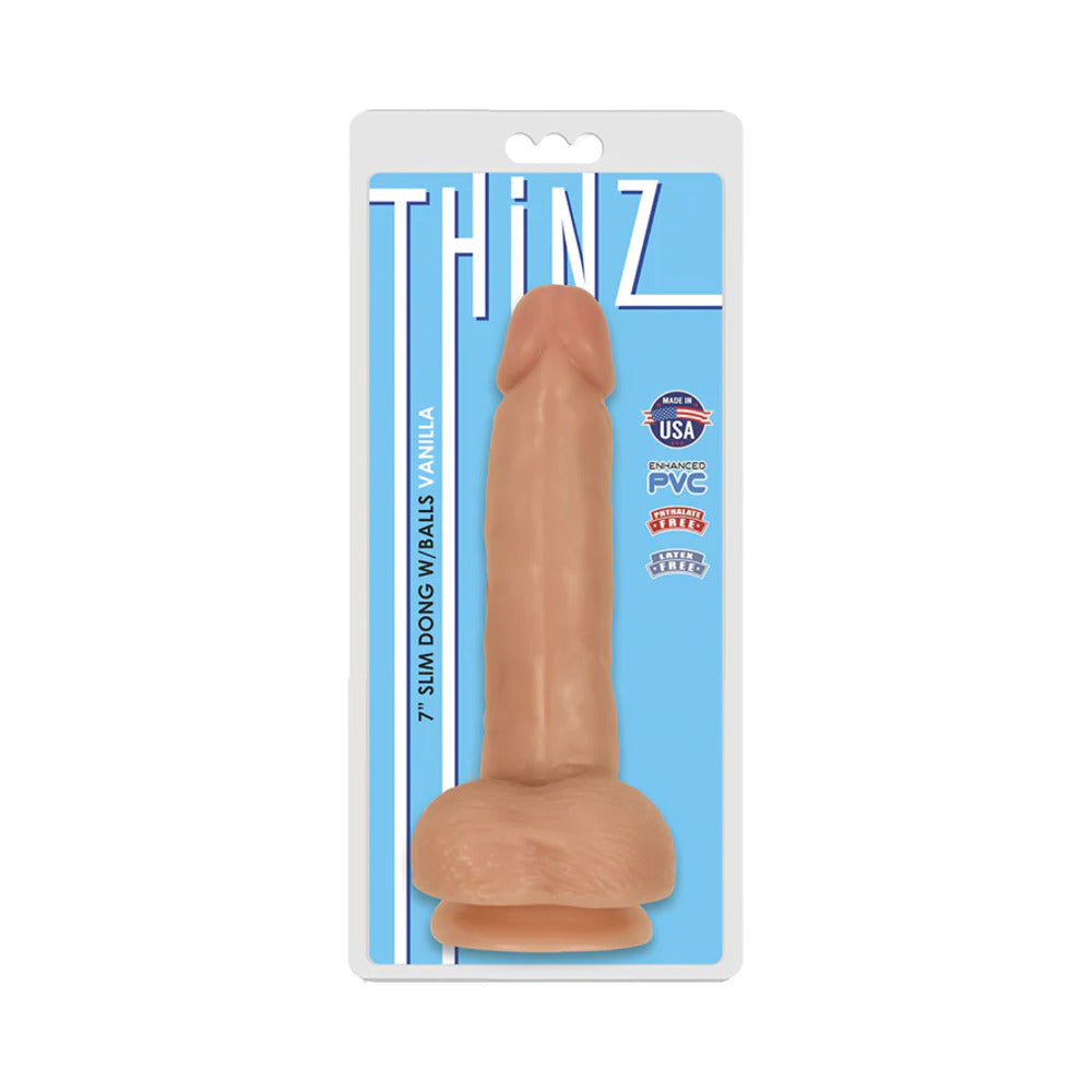 Curve Toys Thinz 7 inch Slim Dildo with Balls & Suction Cup Beige