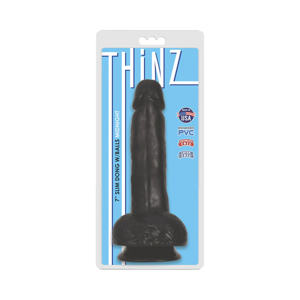 Curve Toys Thinz 7 inch Slim Dildo with Balls & Suction Cup Midnight