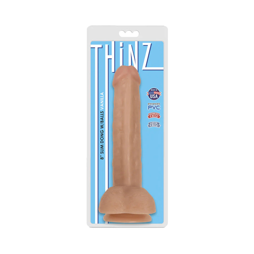 Curve Toys Thinz 8 inch Slim Dildo with Balls & Suction Cup Beige