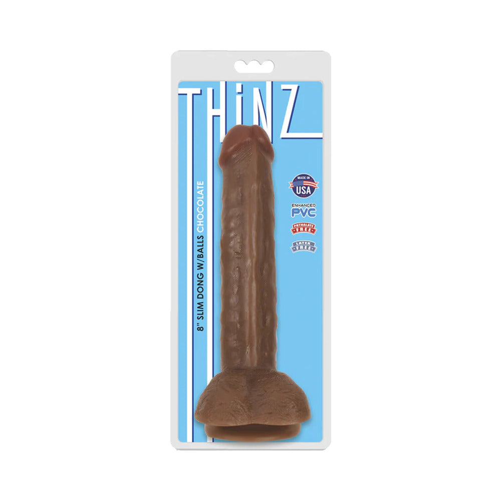 Curve Toys Thinz 8 inch Slim Dildo with Balls & Suction Cup Brown