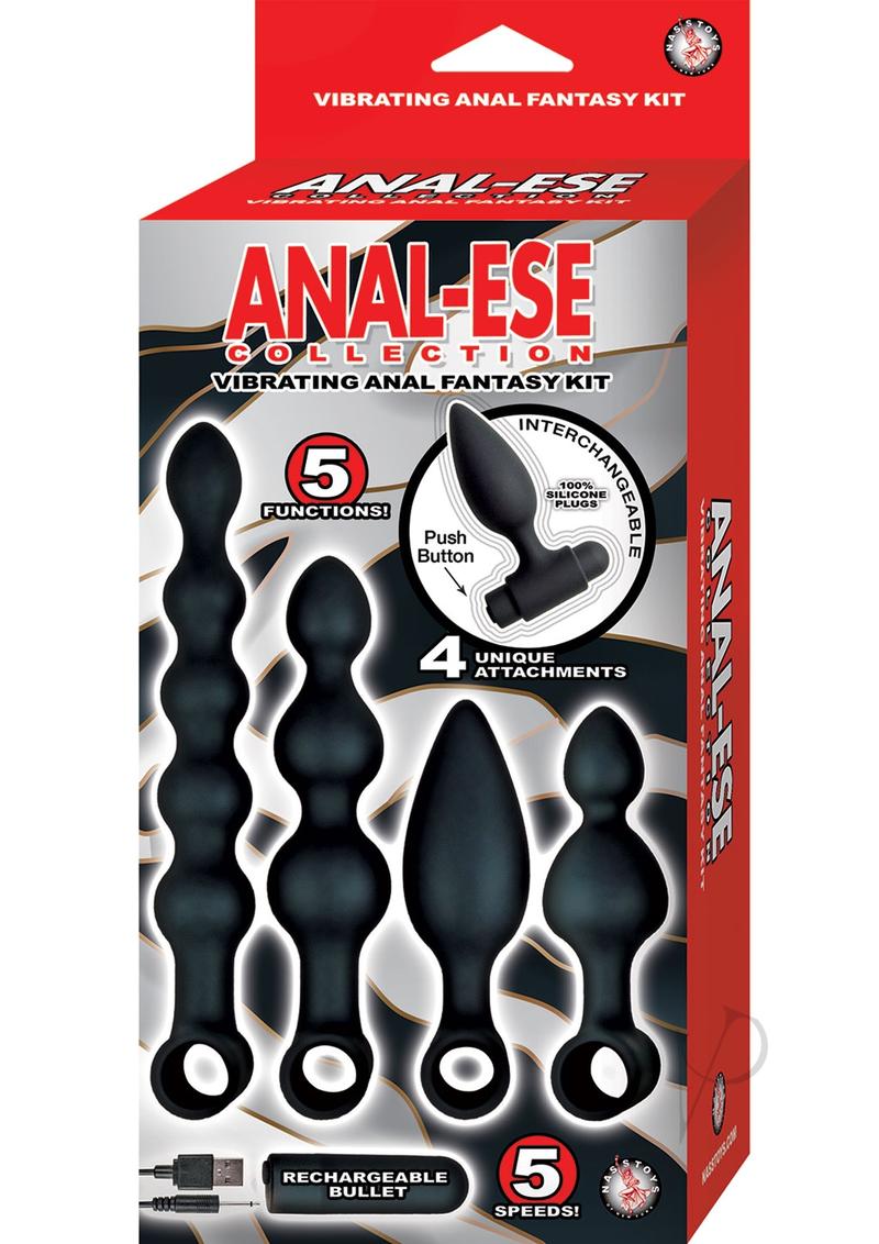 Anal-Ese Silicone Vibrating Anal Fantasy Kit Black packaging showcasing 4 silicone attachments and rechargeable bullet.
