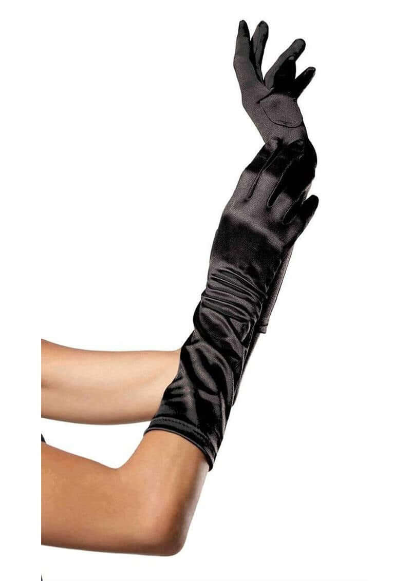 Leg Avenue Elbow Length Satin Gloves OS Black worn elegantly, showcasing their silky satin finish and classic design.