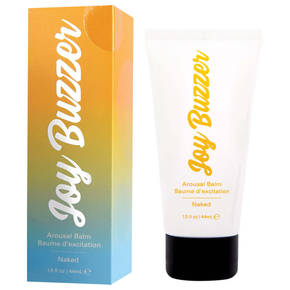 Joy Buzzer Arousal Balm Naked 1.5 Oz packaging and tube for enhancing intimate sensations.