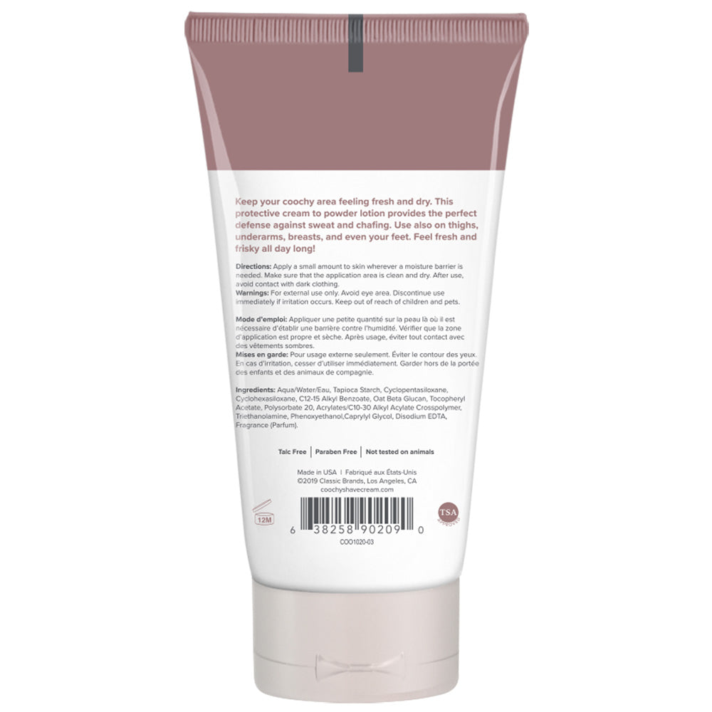 Coochy Sweat Defense Protection Lotion 3.4 Oz back view with product details and usage instructions for dryness and freshness.