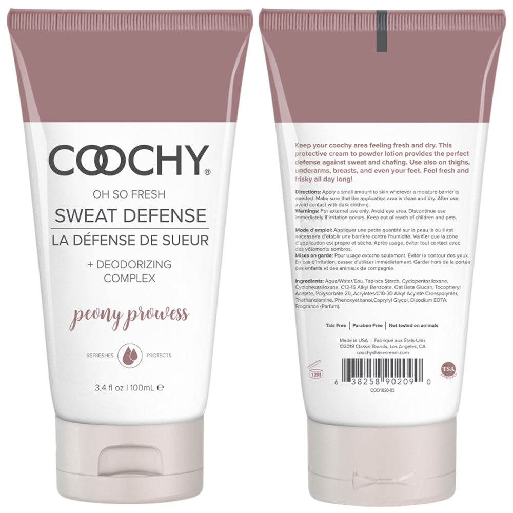 Coochy Sweat Defense Protection Lotion 3.4 Oz tube showcasing its cream-to-powder formula for all-day freshness.