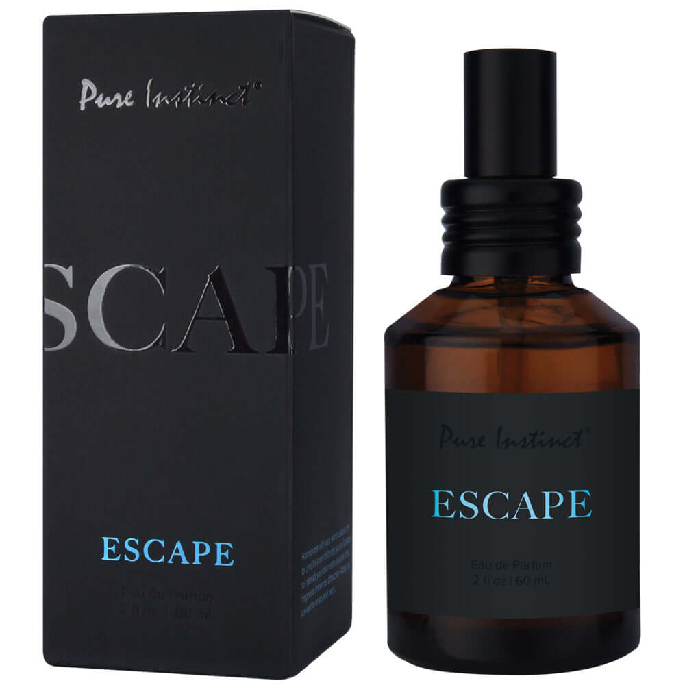 Pure Instinct Pheromone Eau De Parfum Escape 2 Oz bottle and box showcasing its unique fragrance design.