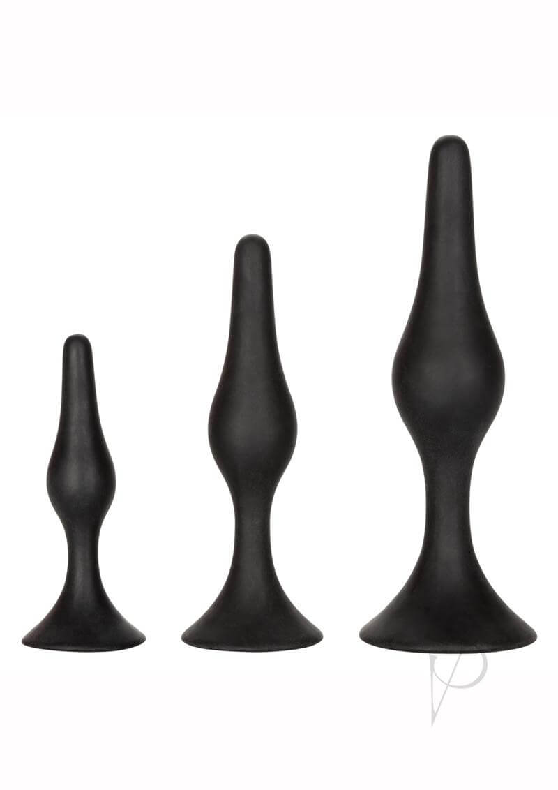 Silicone Anal Starter Kit (3 Per Set) Black showcasing three graduated silicone plugs in black.