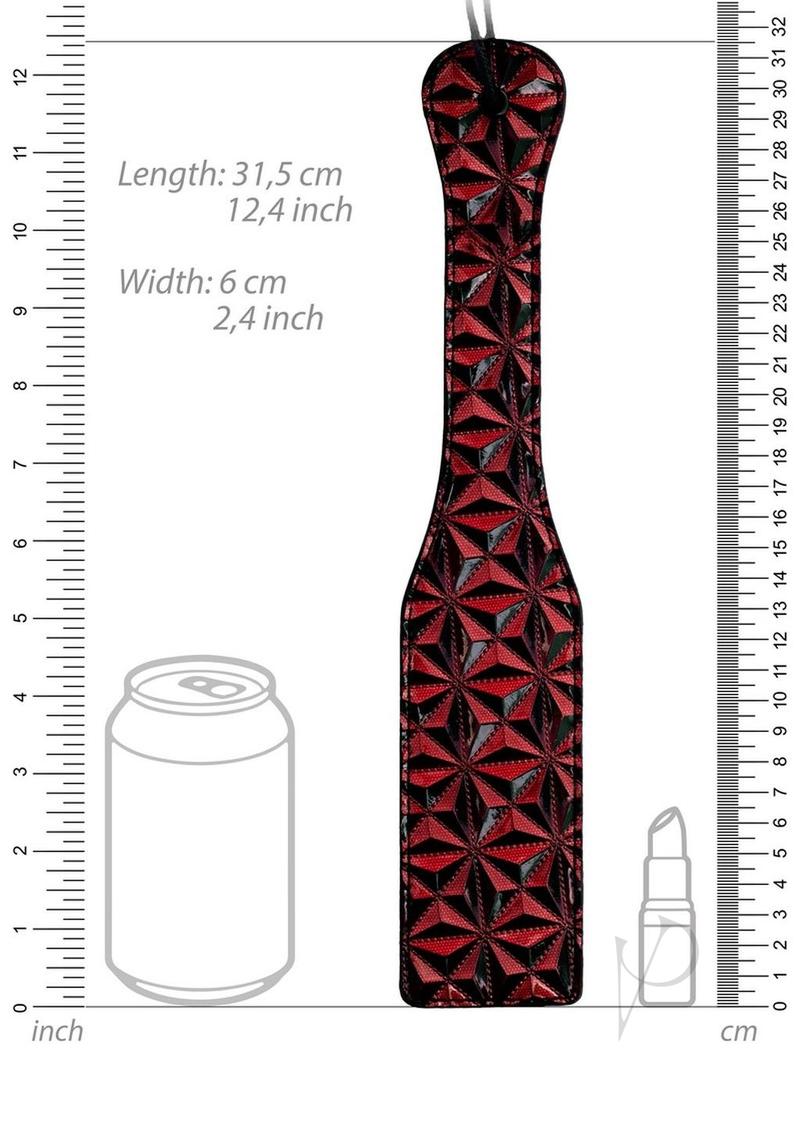 Ouch Luxury Diamond Pattern Paddle Burgundy displayed with dimensions and comparison to a can.