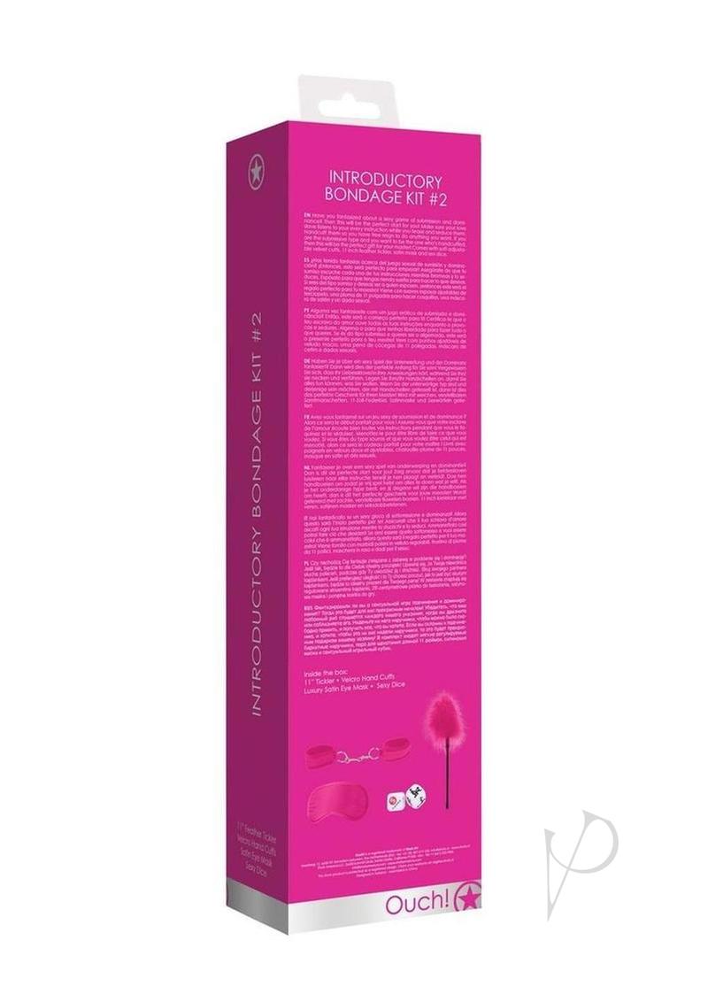 Ouch Introductory Bondage Kit No 2 4 Piece Pink packaging featuring cuffs, eye mask, and sexy dice.