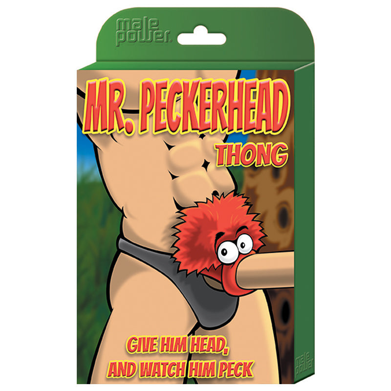 Male Power Novelty Mr Peckerhead Thong Black One Size packaging with playful design for humorous gift ideas.