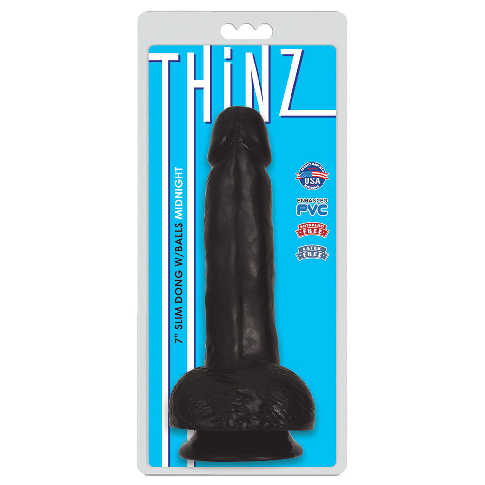 Thinz 7 Inch Slim Dong with Balls Midnight on packaging, showcasing lifelike look and feel for pleasurable experiences.