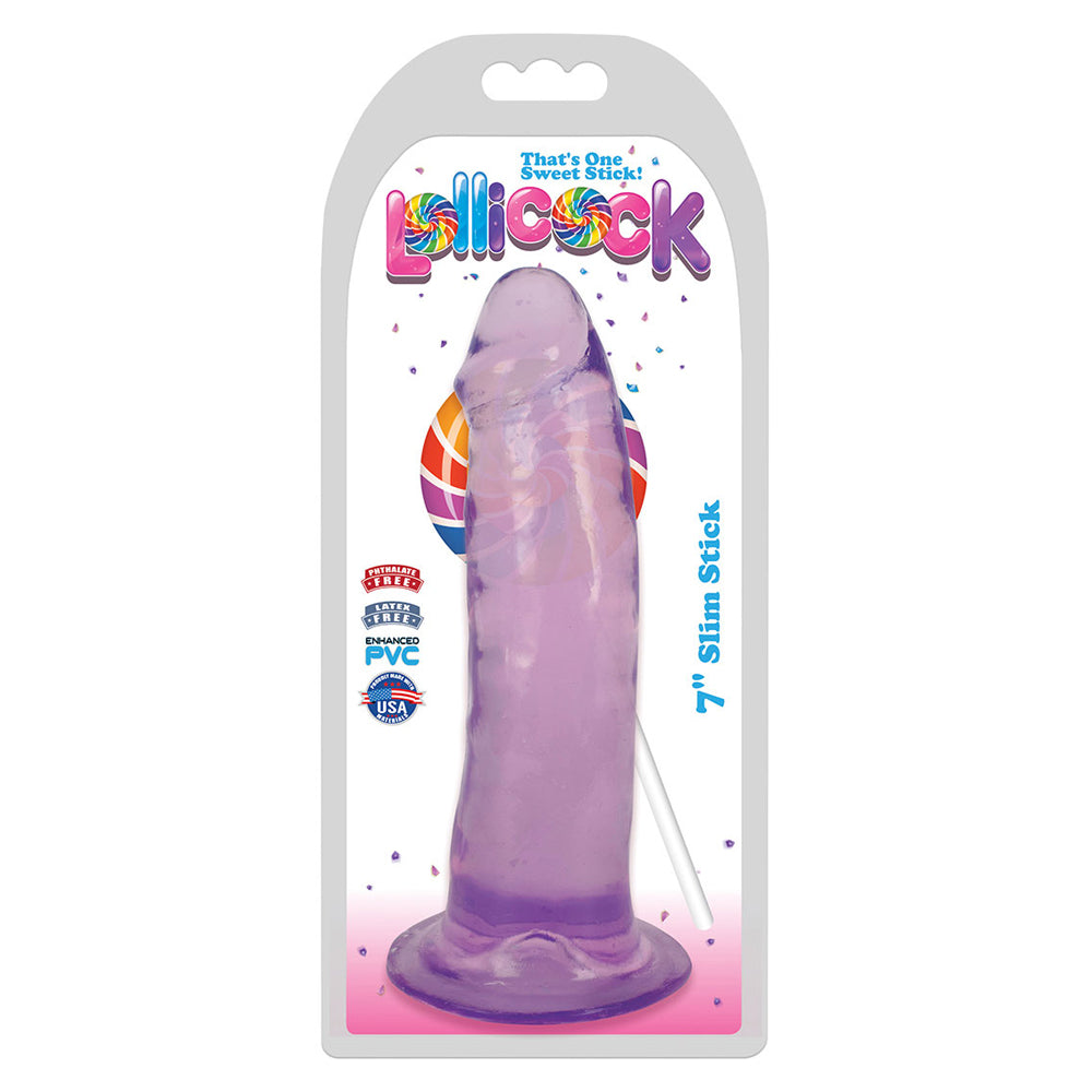 Lollicock 7 inch Slim Stick Dildo Grape Ice in packaging with a translucent purple design for comfortable stimulation.
