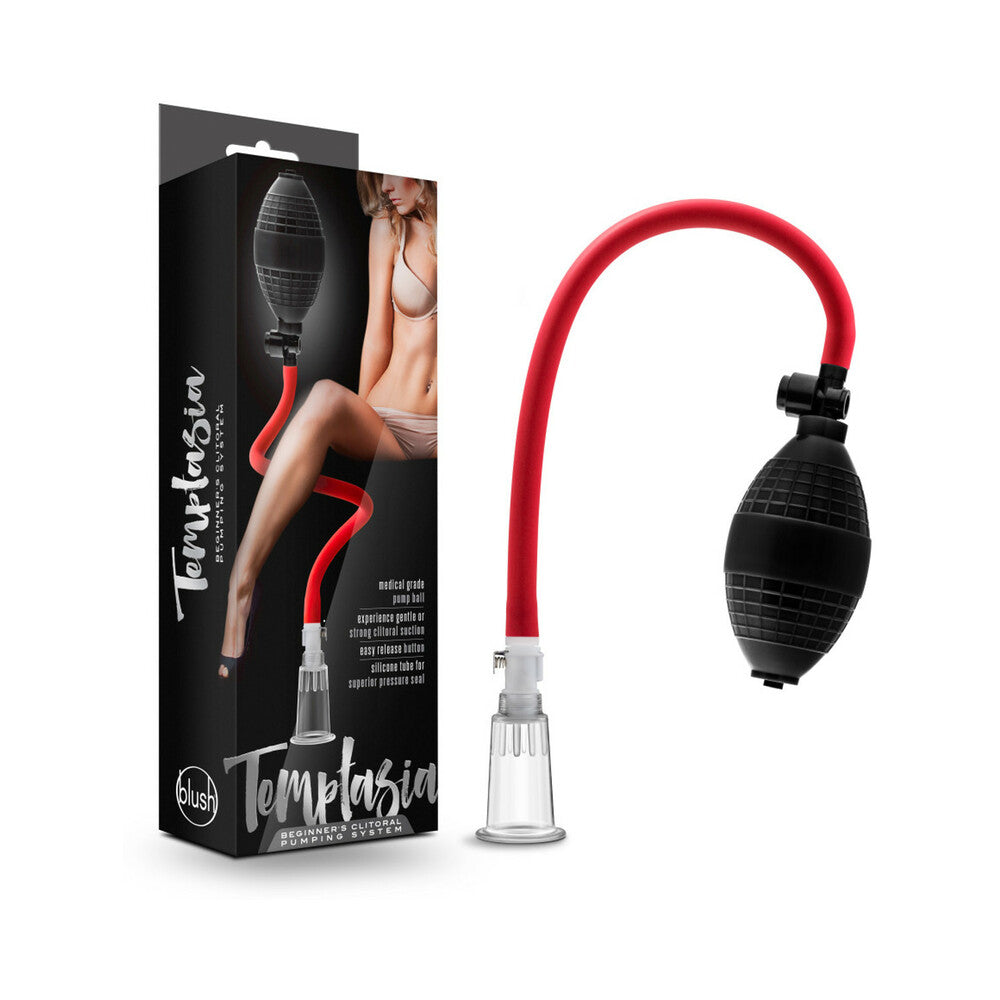 Blush Temptasia Beginners Clitoral Pumping System Black with red hose and packaging for enhanced stimulation.
