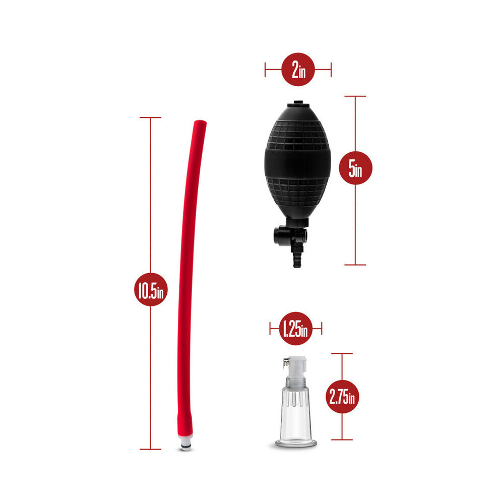 Blush Temptasia Beginners Clitoral Pumping System Black components with measurements including 10.5in tube and 5in pump.