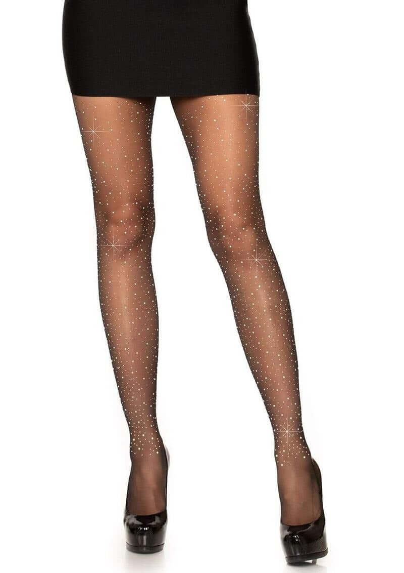 Leg Avenue Spandex Sheer Rhinestone Pantyhose OS Black showcasing elegant sheer finish and shimmering rhinestone accents.