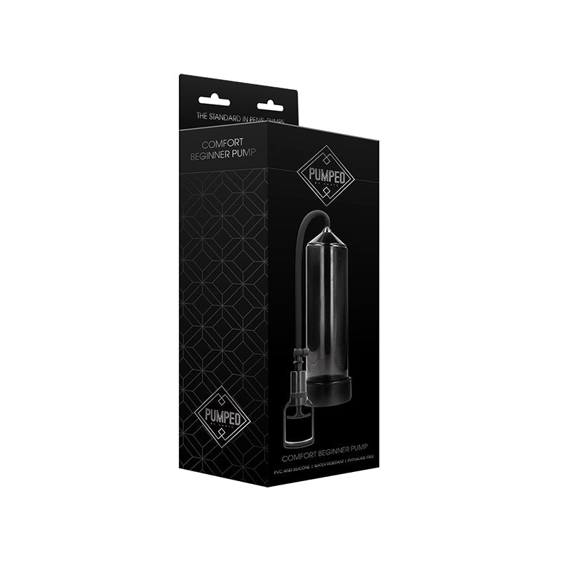 Shots Pumped Comfort Beginner Penis Pump Black packaging with transparent cylinder design for enhanced performance.