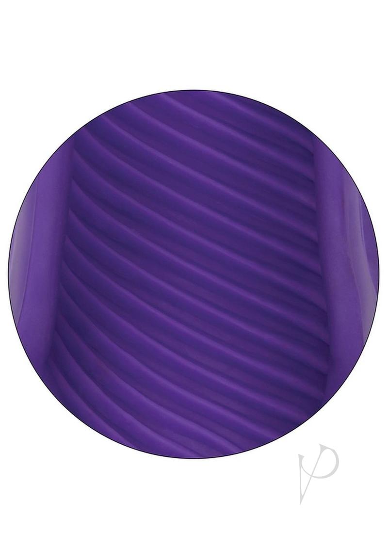 Close-up view of The Gripper Spiral Grip Masturbator Dual Ended Purple showing its textured surface.