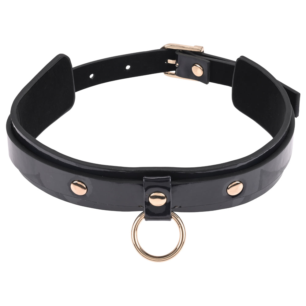 Sportsheets S&M Orbit Day Collar Rainbow Faux Leather, black faux leather collar with gold accents and a D-ring.