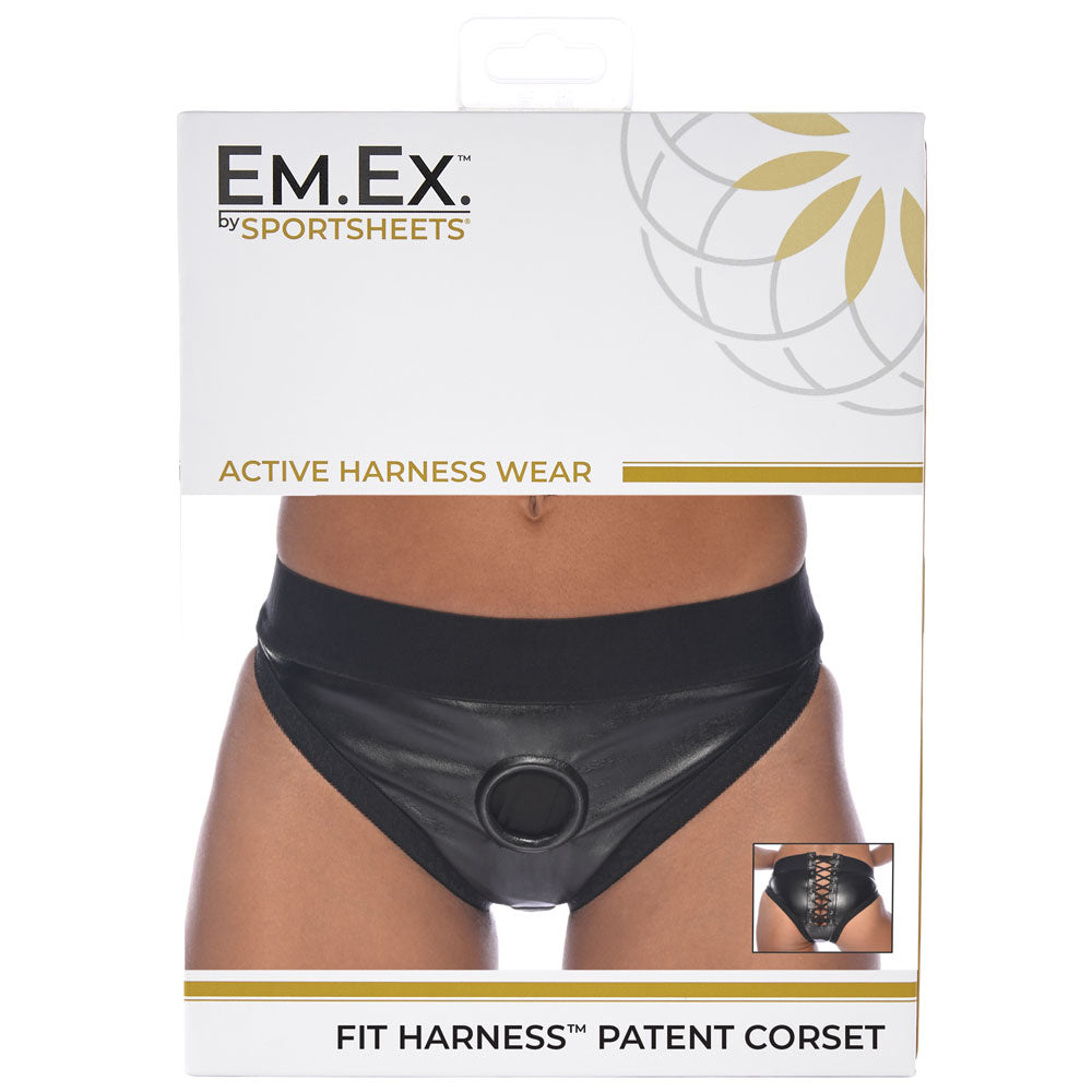 Sportsheets Em Ex Fit Patent Corset Harness Large packaging display with active harness wear design.