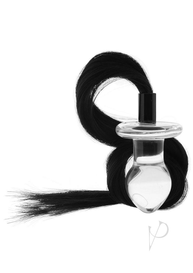 Glas Stallion Glass Pony Tail Butt Plug Clear Black with long black hair tail for fantasy role-play.