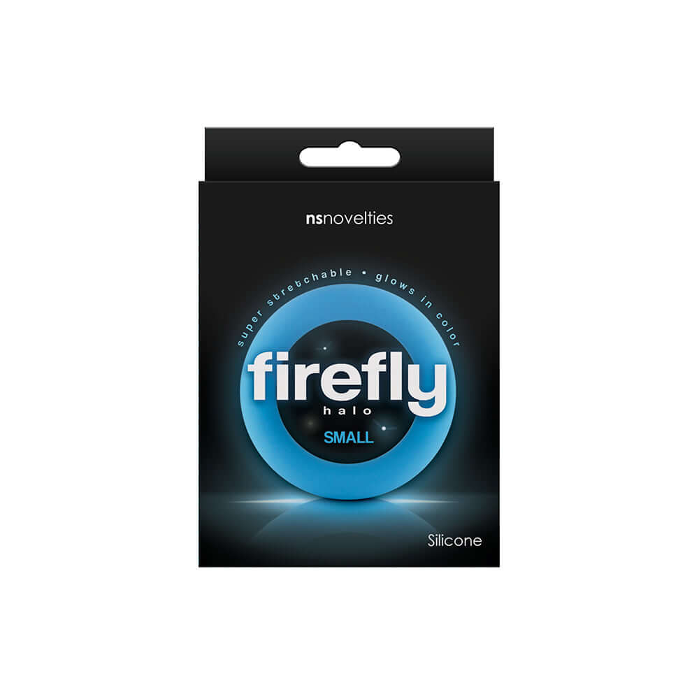 Firefly Halo Cock Ring Small Blue packaging with glow-in-the-dark silicone design.