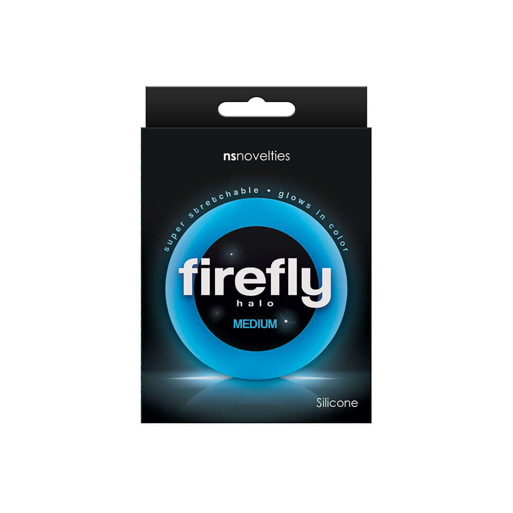 Firefly Halo Medium Silicone Cock Ring Glow In The Dark Blue packaging featuring a bright blue glow design.