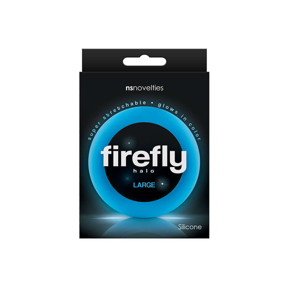 Firefly Halo Large Silicone Cock Ring Glow In The Dark Blue packaging on display with vibrant blue and black design.