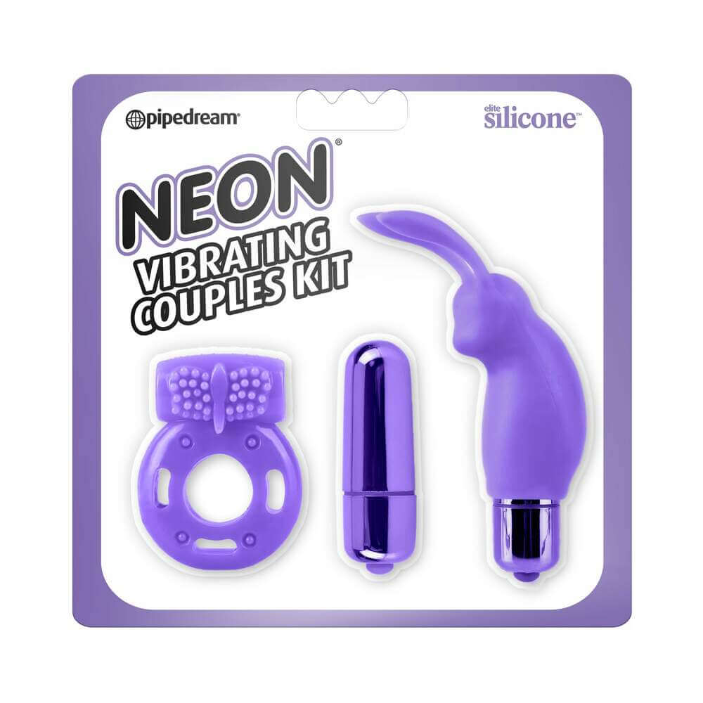 Neon 3-Piece Silicone Vibrating Couples Kit Purple in packaging with mini rabbit vibrator and vibrating ring.